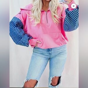 BiBi Pink Denim Sleeve Checkered Half  Zip Pullover NWOT
